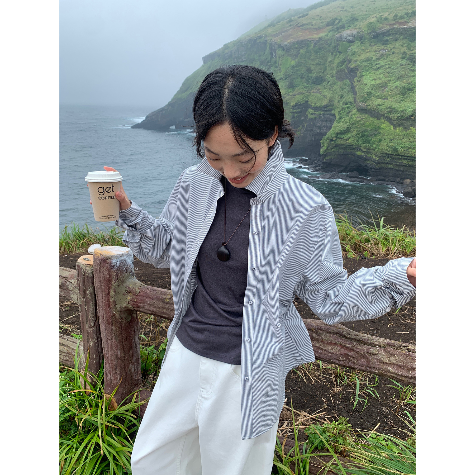【特价不退不换】竖条纹衬衫女春秋麻感条纹细节设计上衣257006