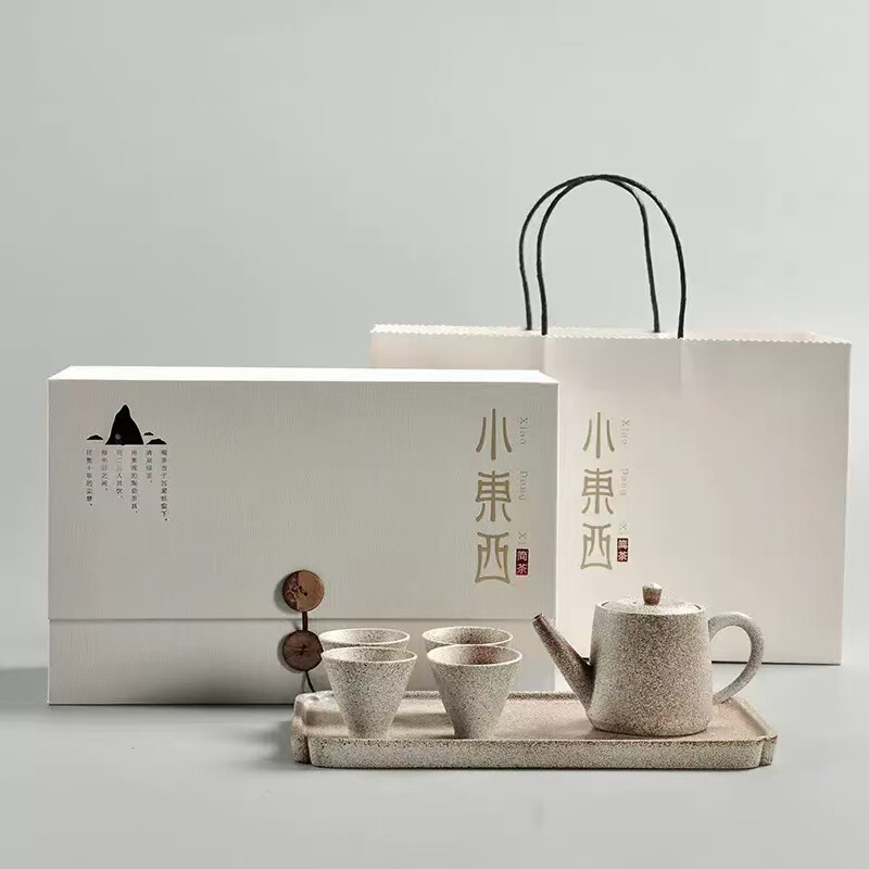 Small Japanese-Style Rustic Pottery Kung Fu Tea Set with Teapot and Tea Tray, Complete Ceramic Business Gift Box, Customizable Small Japanese-Style Rustic Pottery Kung Fu Tea Set with Teapot and Tea Tray, Complete Ceramic Business Gift Box, Customizable