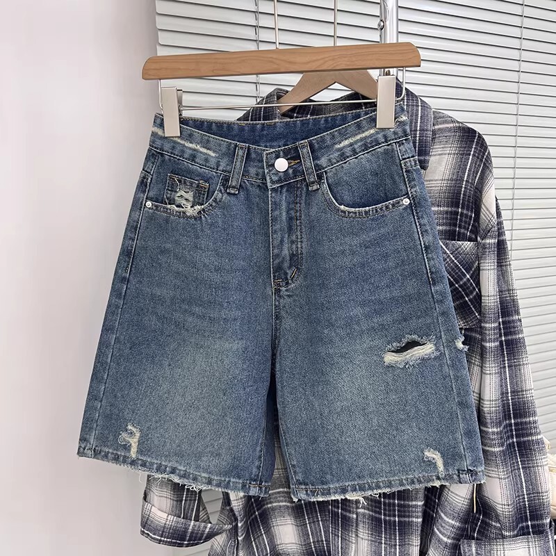 Vintage Ripped Denim Shorts for Women, 2026 Summer New High-Waisted Loose Slimming A-Line Straight Wide-Leg Mid-Length Pants