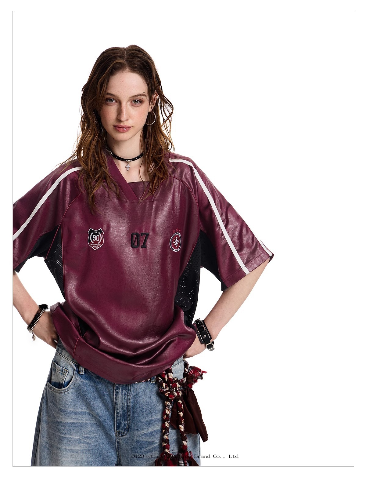 American-style Sports Short-sleeve T-shirt For Men Women, Loose And Breathable, Summer PU Leather Patchwork Hip-hop_viptrois.com