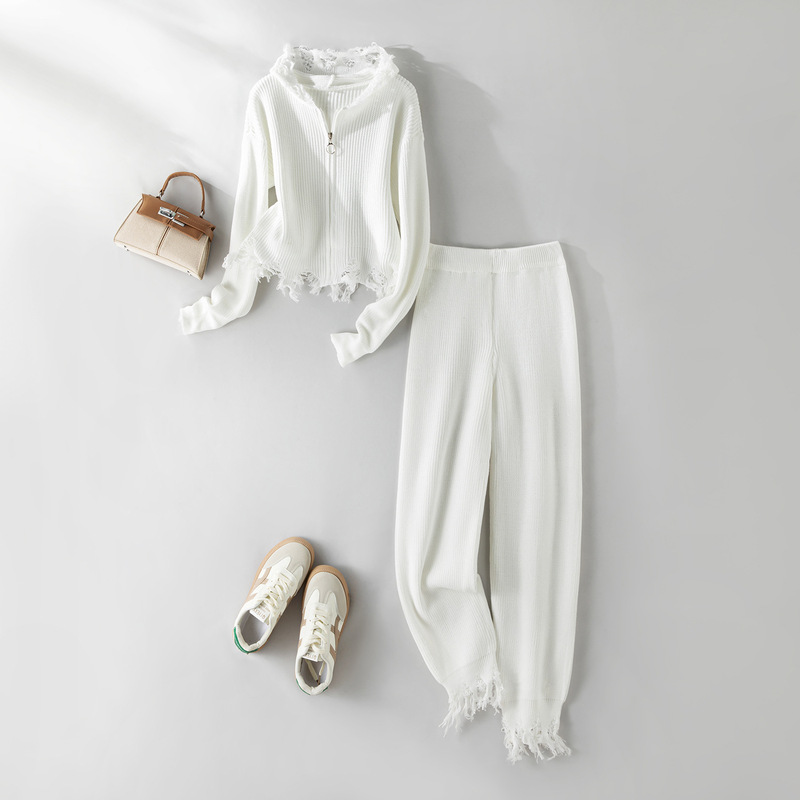 Special Offer Korean Style Knitted Small Fragrance Women's Two-Piece Set Vertical Pit Hooded Cardigan Autum Design Sweater Pants Special Offer Korean Style Knitted Small Fragrance Women's Two-Piece Set Vertical Pit Hooded Cardigan Autum Design Sweater Pants