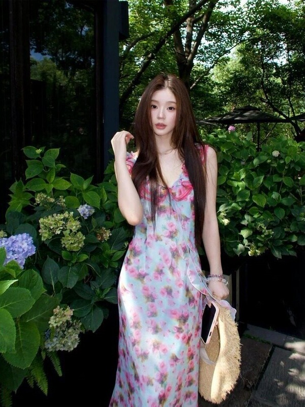 Mint Rose Island Double-Layered Lace Two-Way Neckline Waist-Cinching Pure Desire Floral Dress for Women, Summer Vacation Style Long Dress