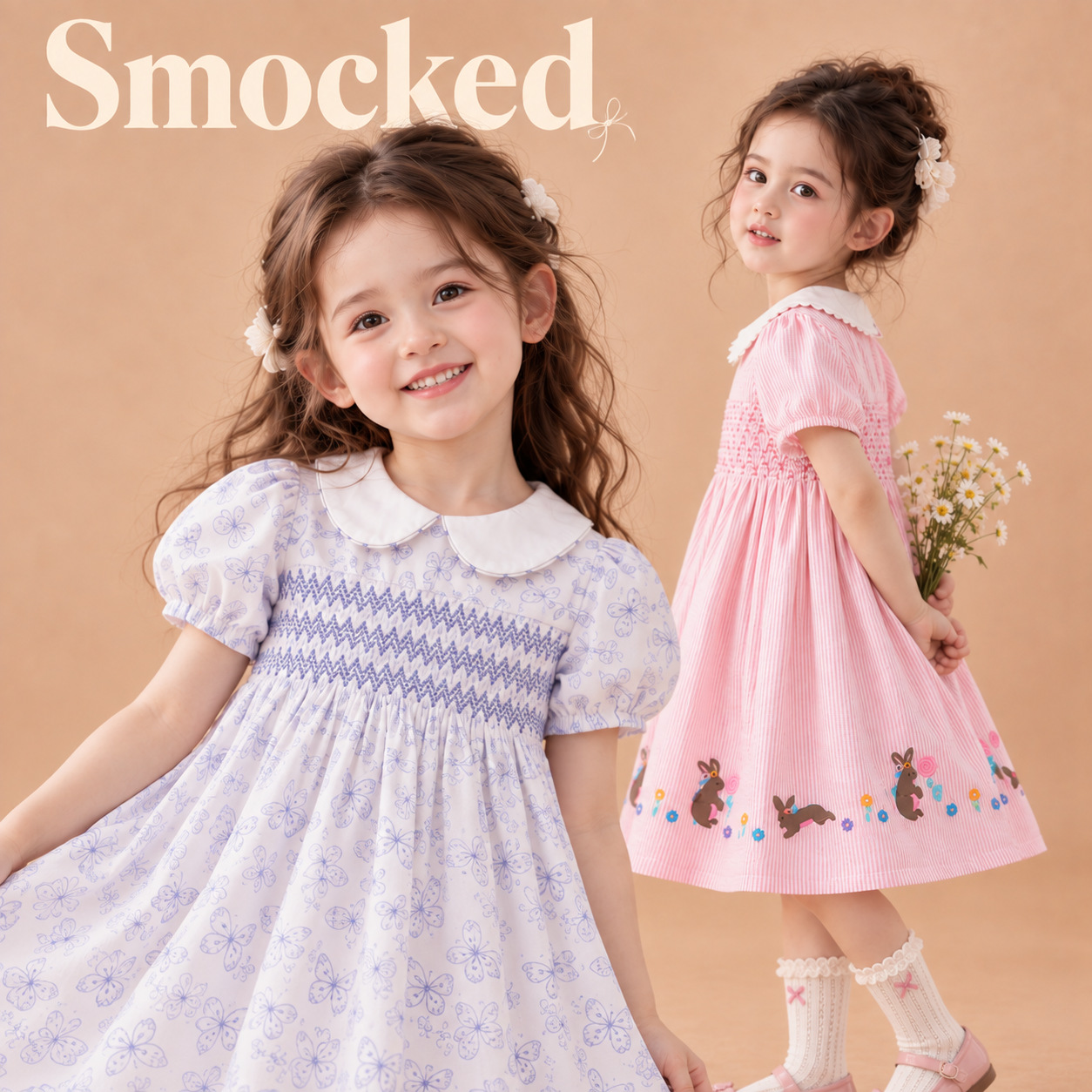 Girls' Butterfly Print Puff Dress 2025 Summer New Arrival, French Country Style, Puff Collar Princess Dress for Toddlers