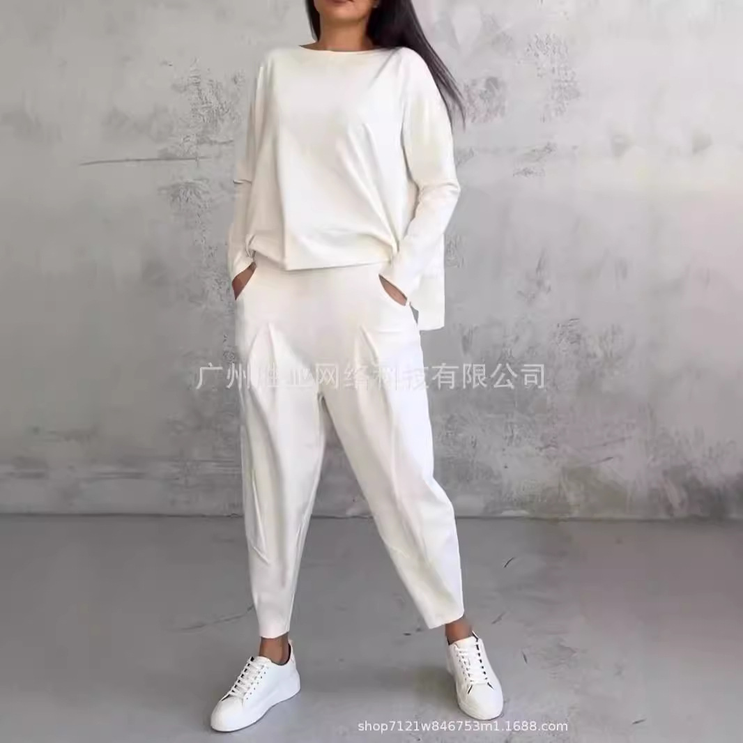 2025欧美亚马逊独立站跨境新款女装不规则设计长袖卫衣哈伦裤套装