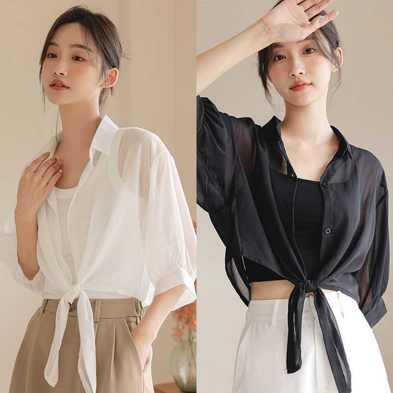 Chiffon Sunscreen Cardigan Women's 2024 Summer White Seven-point Sleeve Thin Shawl Outer Shirt Top Coat