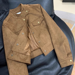 美拉德咖色鹿皮绒皮衣外套女春秋设计感小众小个子短款机车服上衣