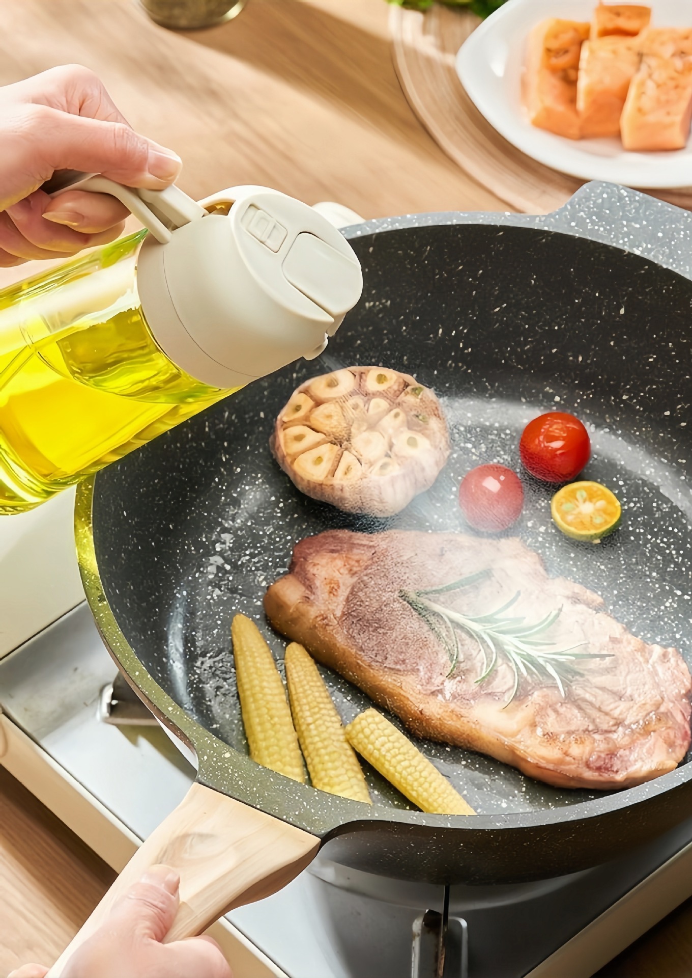 Çift kullanımlı sprey ve dökme özellikli yağ kabı, mutfakta airfryer için entegre yağ spreyi ve dökme özelliği, atomize pişirme yağı.