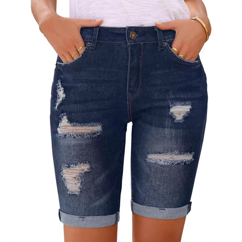 Temu Amazon Cross-Border Foreign Trade Factory Direct Sales European and American Straight-Leg Ripped Summer Women's High-Waisted Denim Shorts