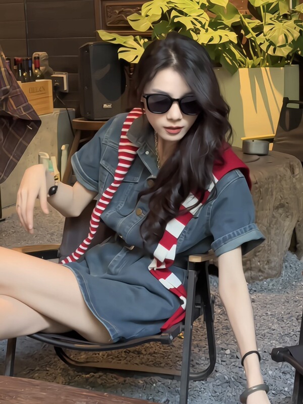 Hong Kong Style Retro Denim Dress for Women 2025 Spring and Summer New Style Complete Set with Petite Denim One-Piece Skirt