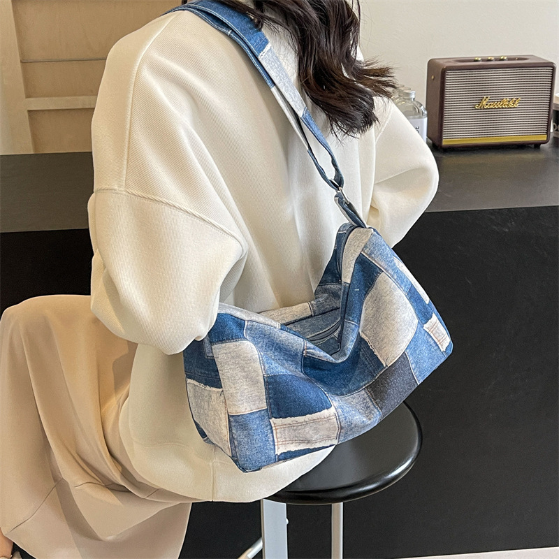 2025 New Casual Denim Bag Ins All-match Canvas Pillow Bag Denim Blue Checkerboard Shoulder Crossbody Bag 2025 New Casual Denim Bag Ins All-match Canvas Pillow Bag Denim Blue Checkerboard Shoulder Crossbody Bag
