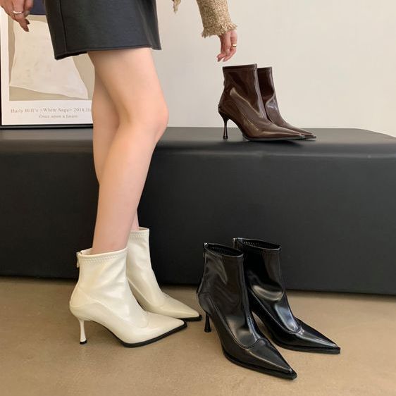French High Heel Ankle Boots Women's 2024 New Arrival Boots Soft Leather Casual Women's Boots Pointed Ankle Boots Design Skinny Boots
