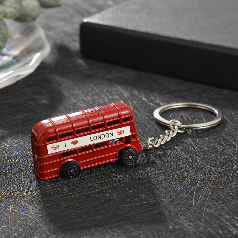 Cross-Border Uk Travel Souvenir Keychain Double-Decker Bus 3D Car Pendant Metal Keychain Wholesale