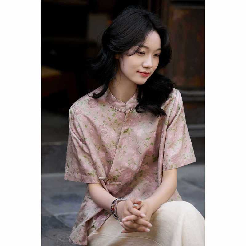 書香雅韻海棠錦衣色織花羅桑蚕糸新中式斜襟上衣女性用25夏シルクシャツ|undefined