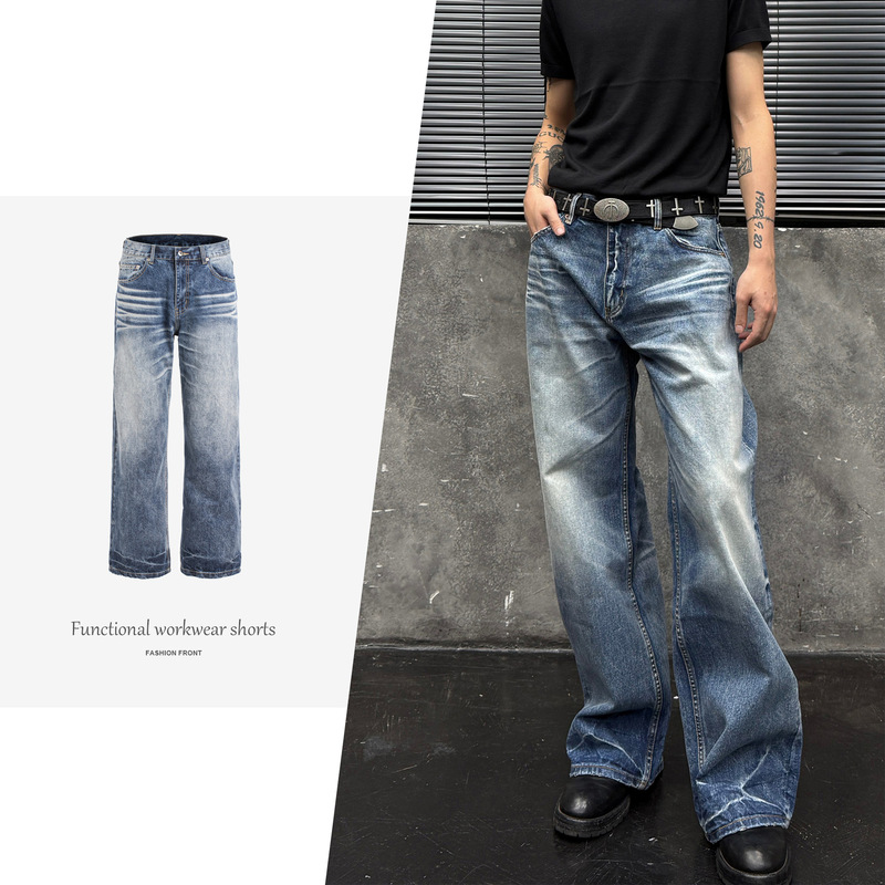 【Csmy】Tbr King Series 07 Snowflake Blue Line Red Ear Washed Distressed A-Line Straight-Leg Jeans 【Csmy】Tbr King Series 07 Snowflake Blue Line Red Ear Washed Distressed A-Line Straight-Leg Jeans