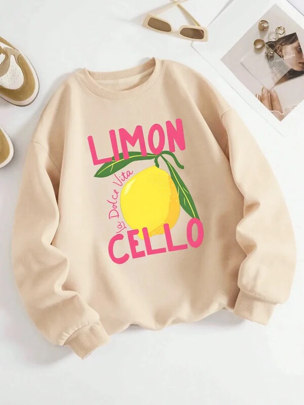 Lemon-Colored Cello La Dolce Vita Printed Hoodie for Women, Basic Comfortable Sweatshirt, Warm Lemon-Colored Cello La Dolce Vita Printed Hoodie for Women, Basic Comfortable Sweatshirt, Warm