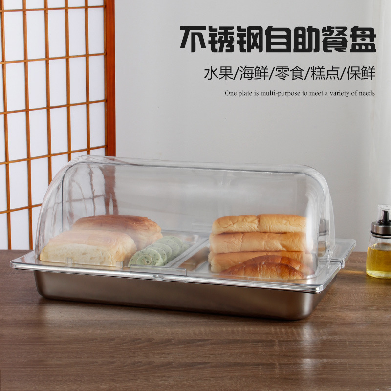 A prueba de polvo cubierta de la cesta de pan rectangular buffet Placa de exhibición de acero inoxidable pastel de frutas bandeja de postre con tapa