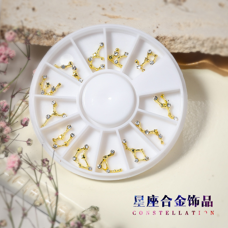 2025 Popular Nail Art Twelve Zodiac Alloy Series Rotating Ornament Diamond Round Box Nail Sticker Diamond Set