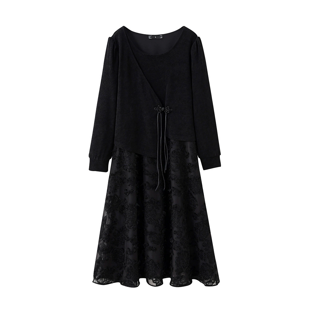 Новый весенний ретро-пандус темперамент поддельные два больших размера женское платье с длинными рукавами и круглым вырезом тонкая