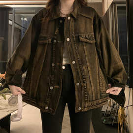 美式复古港风水洗做旧牛仔外套女春季oversize设计感小众夹克