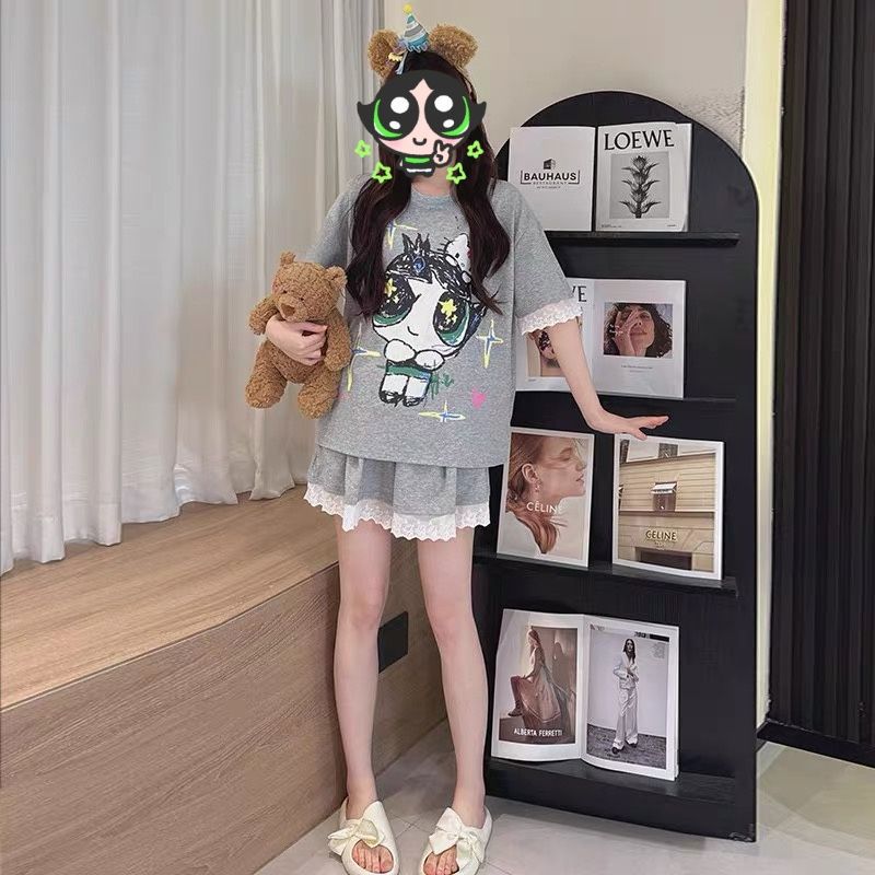 Venta al por mayor transfronteriza de pijamas con almohadillas para el pecho para mujeres pantalones cortos de manga corta de verano costura de encaje lindo traje de servicio a domicilio coreano de imitación de algodón
