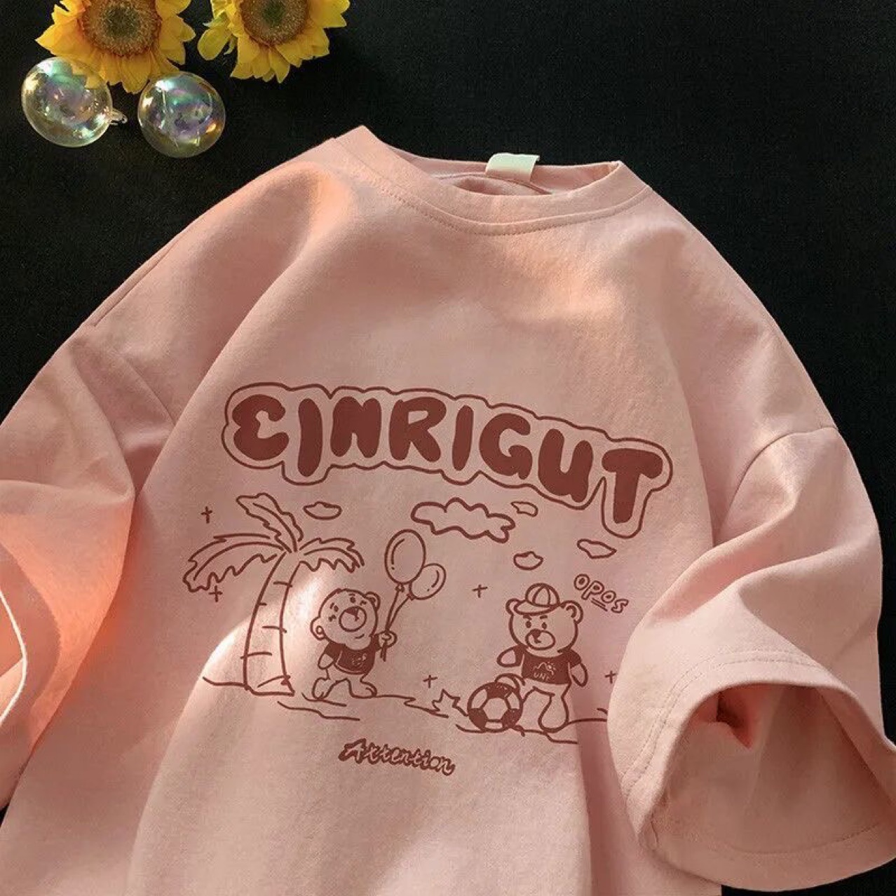 100%纯棉韩版ins小熊印花短袖t恤男女夏季百搭半袖宽松体恤情侣装