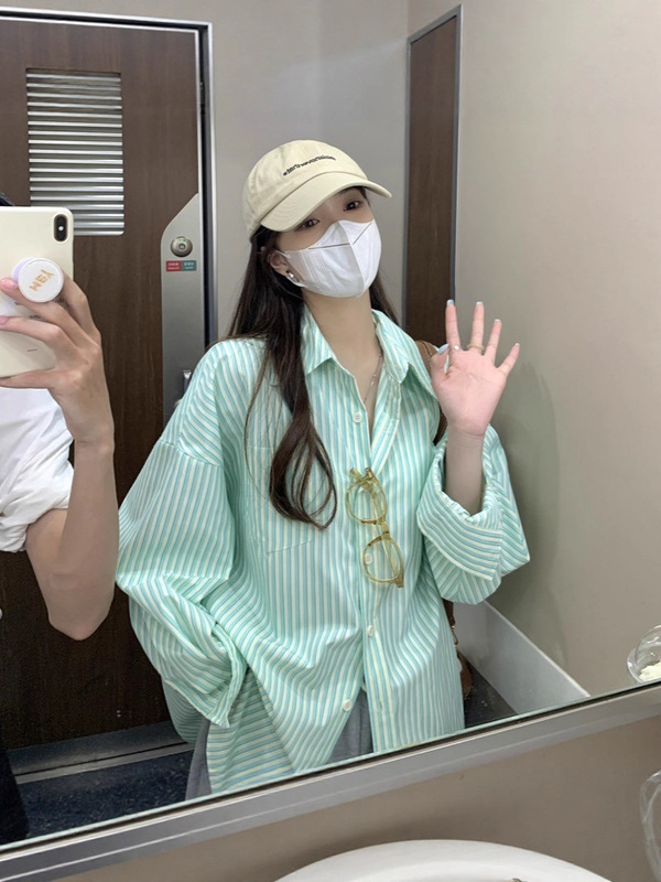 哥家商场同款女装2025秋季气质高级感绿色条纹宽松开衫长袖衬衣|undefined