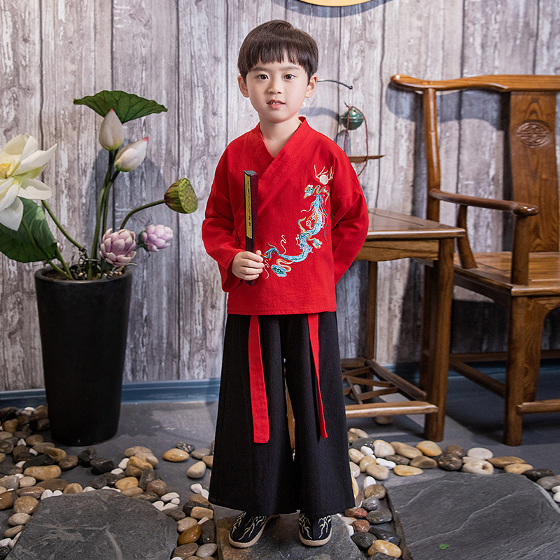 Boys Chinese Hanfu Tang Suit outfit suits long-sleeved boy antique Chinese wind embroidery children school chorus show hanfu