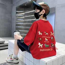 天才鲸男童短袖T恤新款中大童夏季红色本命年男孩洋气纯棉上衣t恤