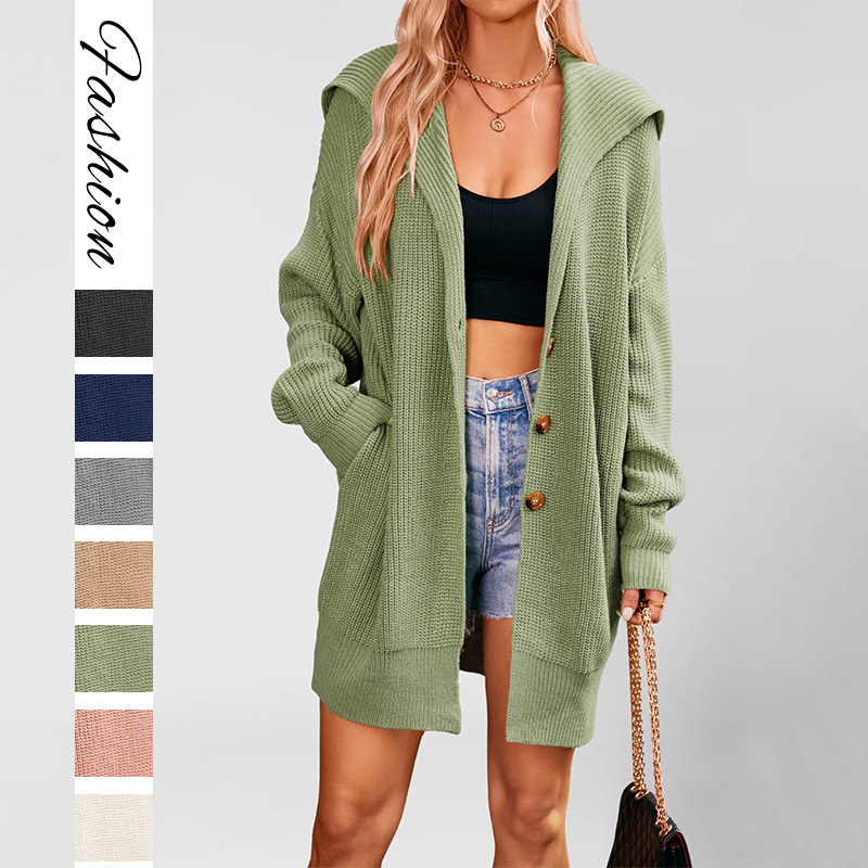 2025 Autumn and Winter Cross-Border Women's New Pure Color Lapel Flap Pocket Pants Cardigan Three-Button Mid-Length European and American Sweater Jacket