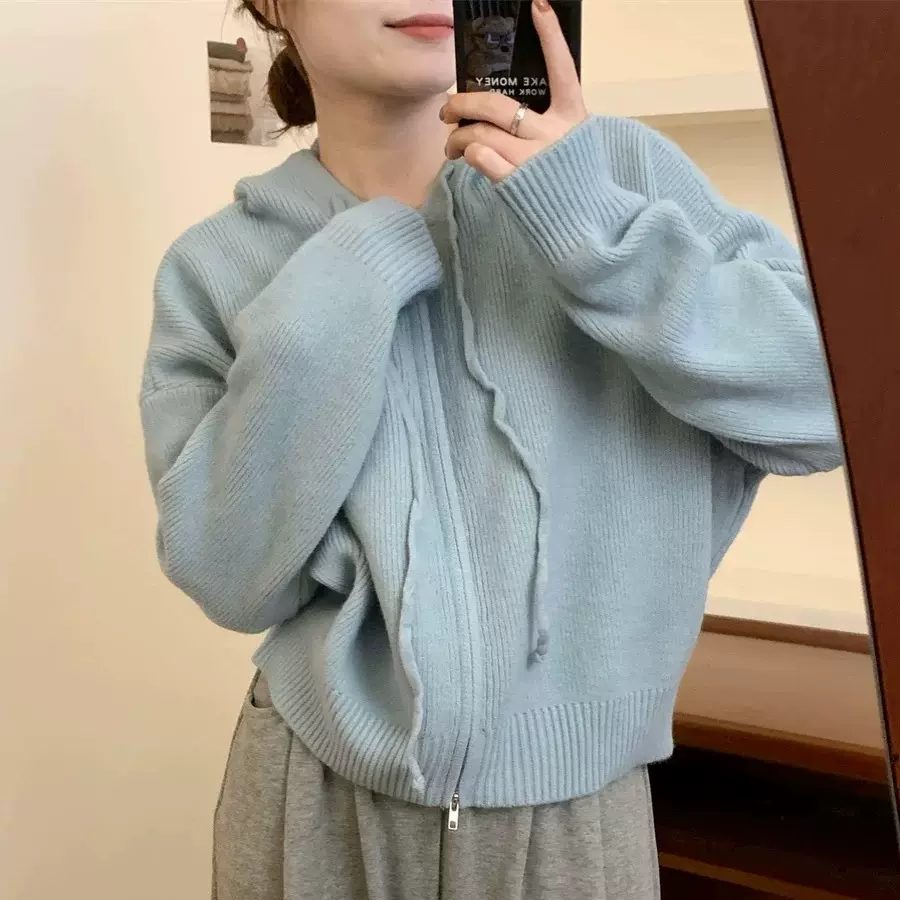 慵懒风小个子短款连帽毛衣开衫外套女2025秋冬新款白色针织衫上衣