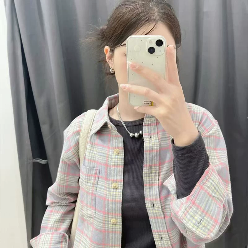 Корейская сладкая розовая клетчатая рубашка женская свободная повседневная рубашка с длинными рукавами топ кардиган внутри и снаружи
