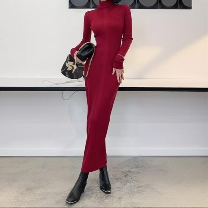 2024 Tall Autumn and Winter High Collar Super Long Sweater Dress Plus Long Sleeve Slim-Fit Base Knitted dress Women