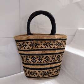 日系文艺女夏季拉菲草拼色单肩包手工钩编织手提包海边度假沙滩包