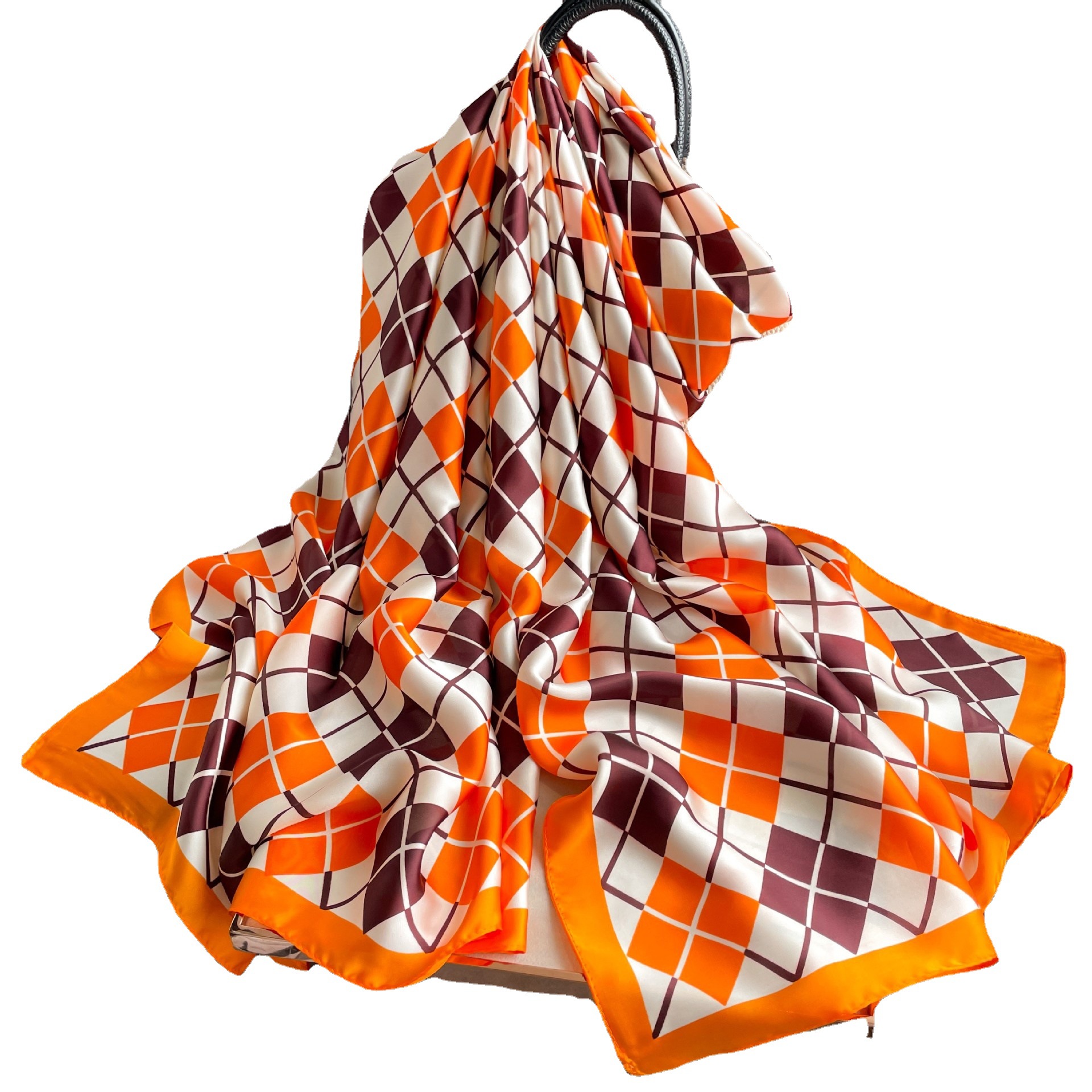 Estilo coreano de moda a cuadros de color a juego de viaje protector solar Toalla de playa delgada nueva seda satén chal de vacaciones de seda artificial bufanda grande