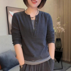 春秋季气质棉假两件长袖T恤女韩版设计感纽扣宽松百搭打底小衫