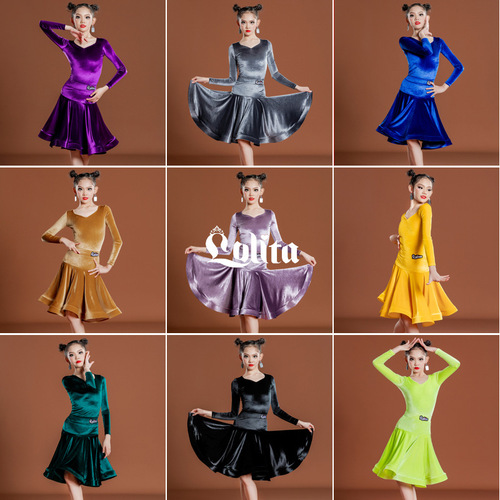 Girls yellow dark green purple velvet Latin Dance Dresses long sleeves Latin dance professional uniform full-skirted dress suit  regulation costumes of the girls
