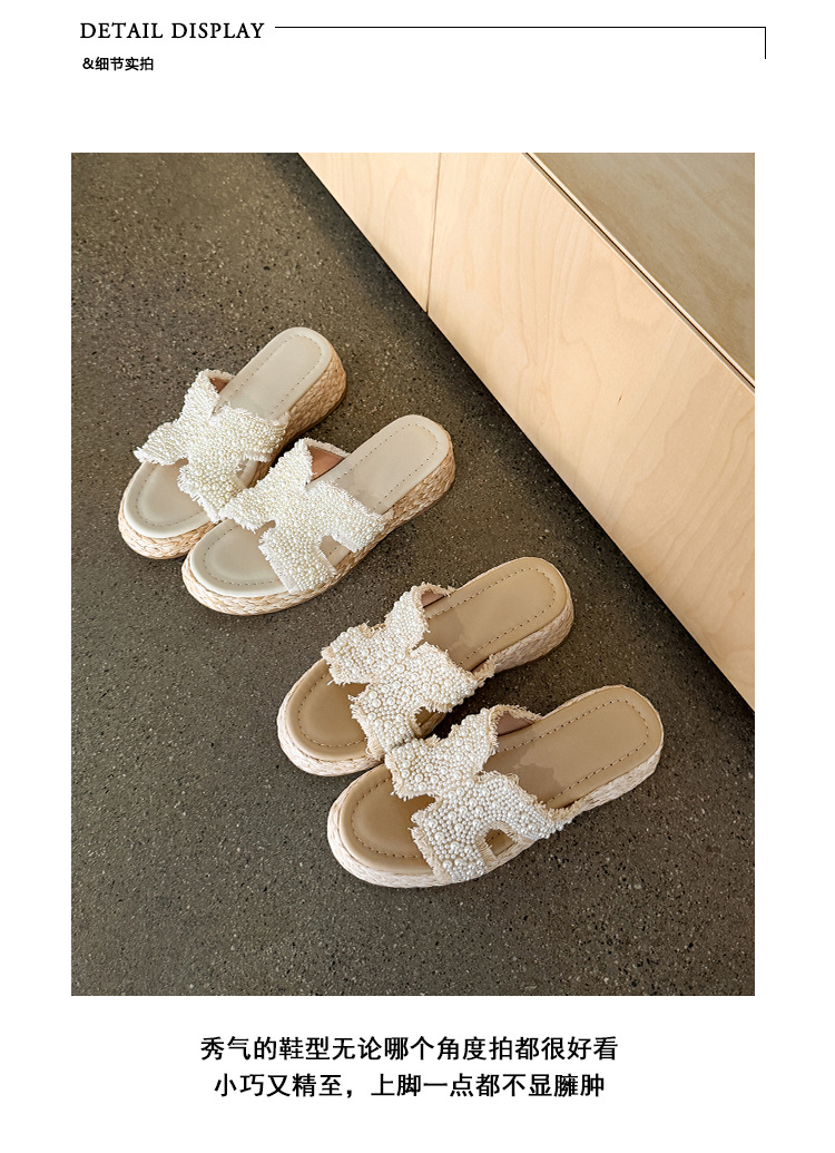 Dép sandal xỏ ngón nữ đế bệt cao 5 cm phong cách Pháp đính ngọc trai và đá — màu trắng ngà, màu mơ chi tiết 4