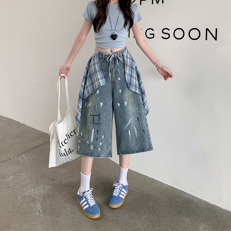 Vintage Ink Splatter Plaid Patchwork Hem Denim Capri Pants for Women 2025 New High Waist Loose Straight Capri Pants Trend