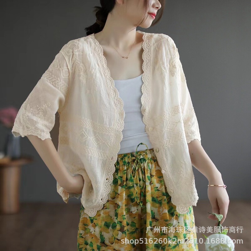 Winter Vintage Artistic Lace Cardigan Women's Thin Half Sleeve V-neck Embroidery Hollow Crochet Cotton Shirt