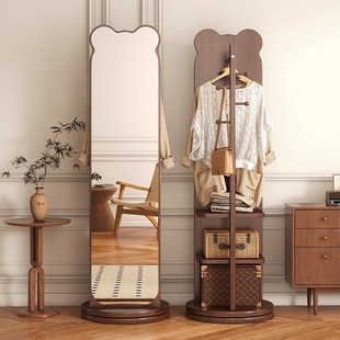 Bear full-body mirror movable floor-standing mirror household dressing mirror wooden rotating coat rack integrated