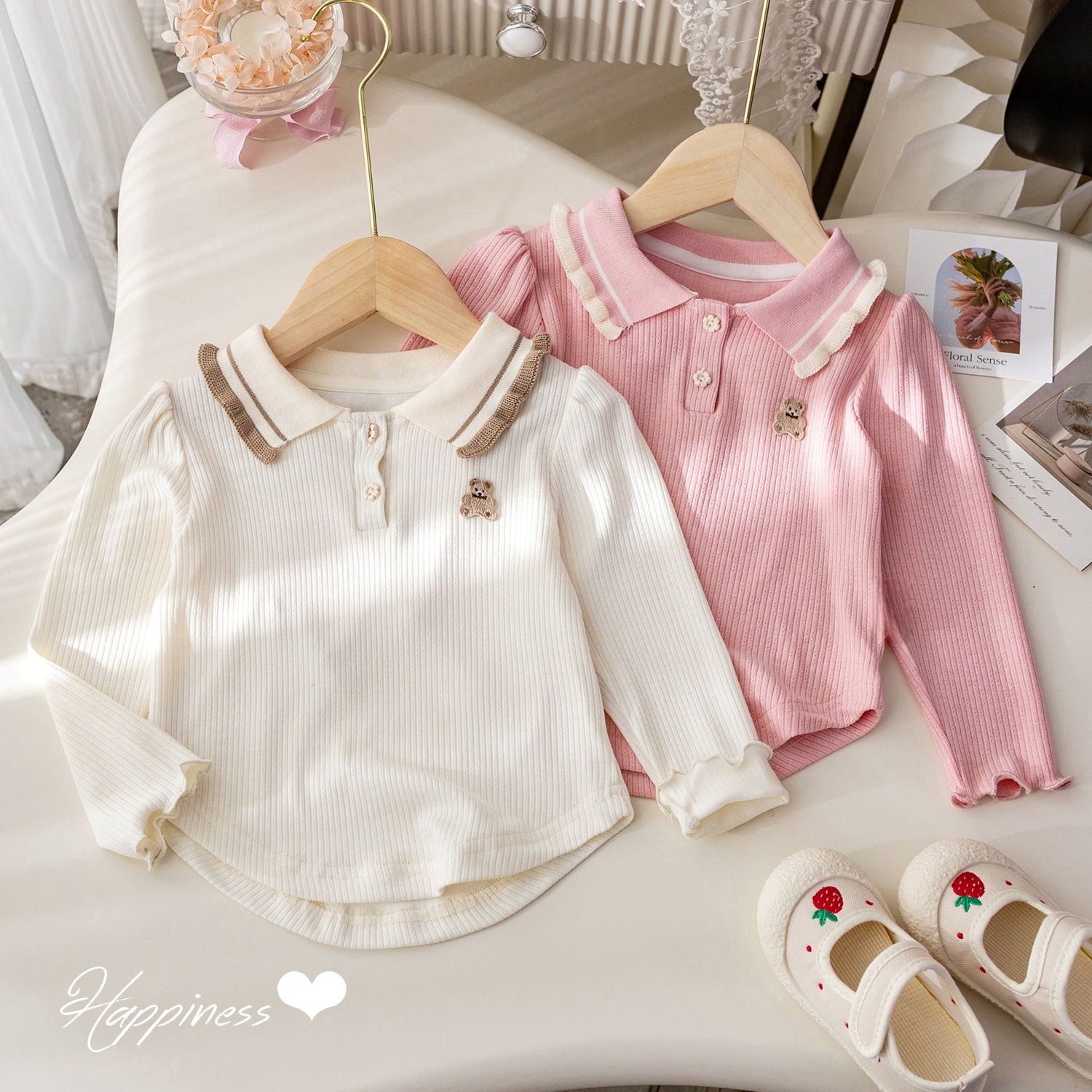 Girls POLO shirt spring Korean style trendy lace long-sleeved T-shirt baby girl spring and autumn new bear embroidered clothes
