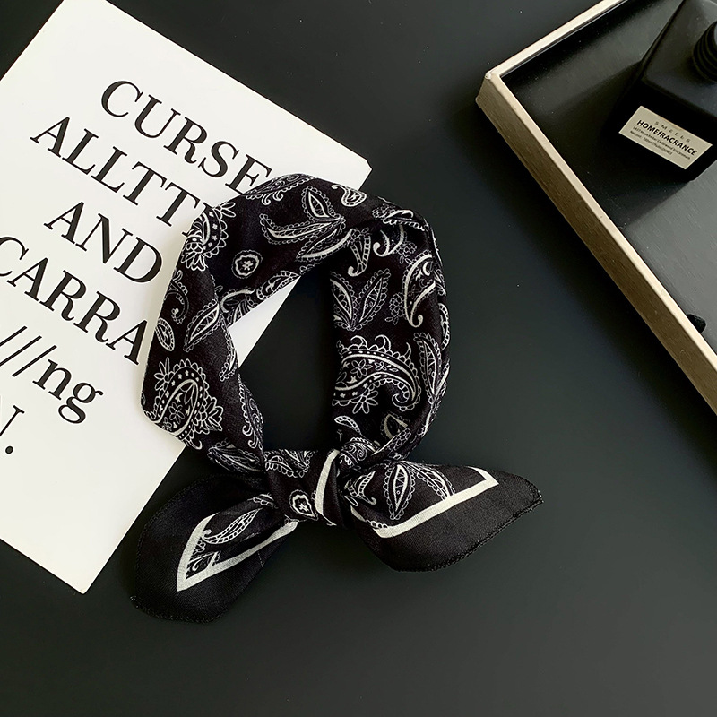 Pañuelo de seda de alta calidad, cuello de flor de anacardo negro, bufanda cuadrada pequeña, protección para el cuello, bufanda pequeña, correa para el cabello, cinta para el cabello, toalla de cintura decorativa