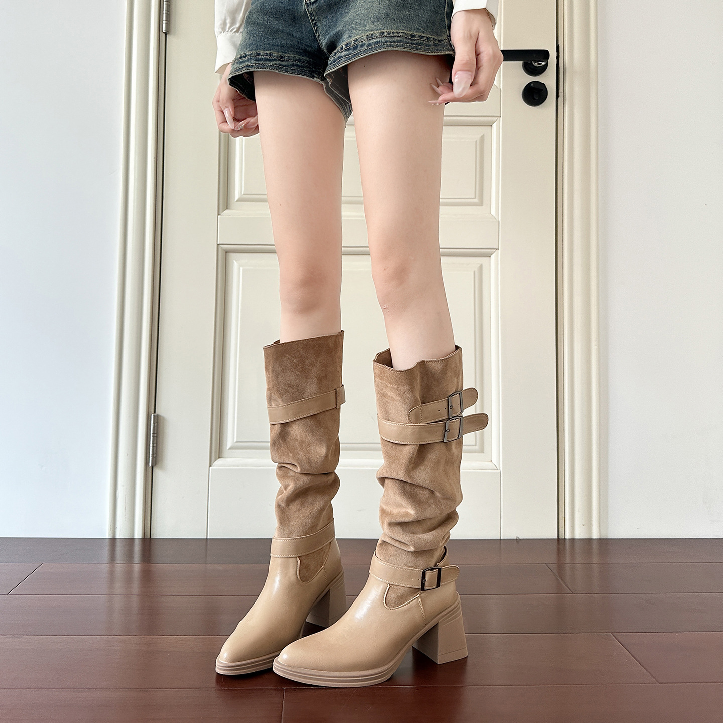 秋冬新款裤管靴子长靴堆堆靴粗跟骑士靴女辣妹皮带扣高跟高筒靴子