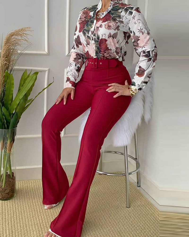 Printed Stand-Up Collar Shirt & Wide Leg Pants 2 Piece Set NSXPF103330