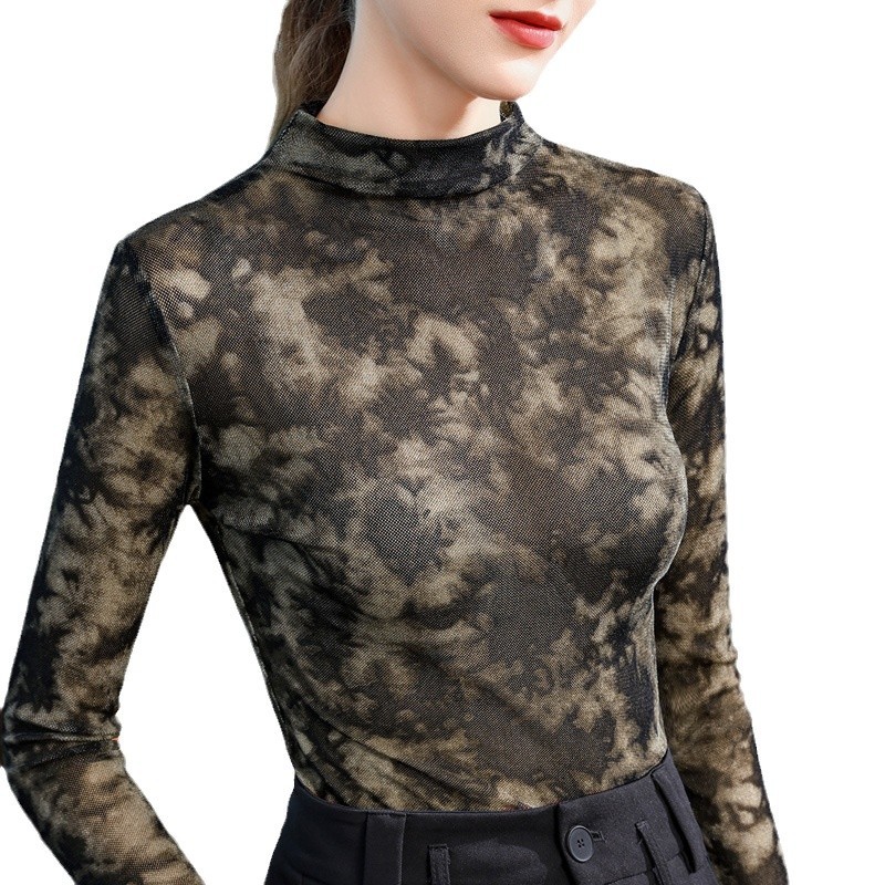 Camisa de fondo de cuello medio alto flocado mujer 2024 nueva ropa de mujer con top de malla de temperamento fino de otoño e invierno image 6