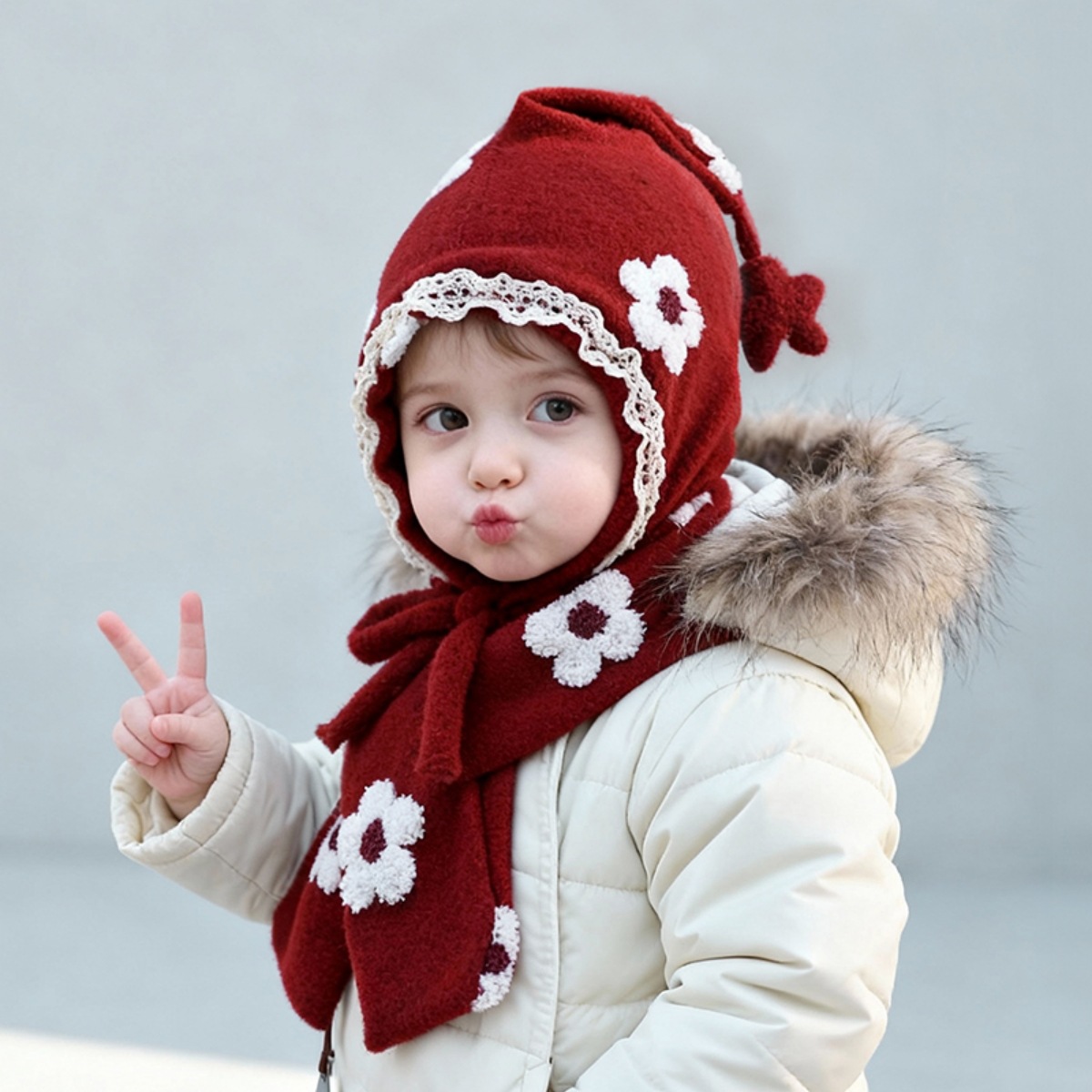 Sombreros para bebés bufandas set otoño y invierno engrosado calentamiento para niños gorras de punto gorras rojas para niñas gorras de hadas gorras protectoras de orejas image 2