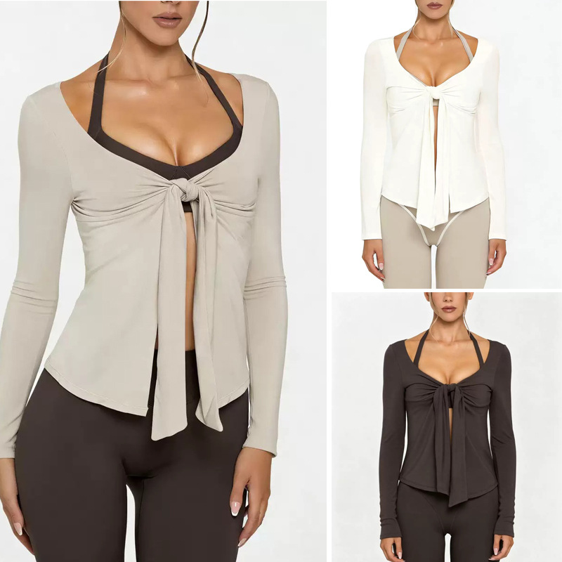 2026 chaqueta de yoga alta elástica pro-piel V corbata de manga larga deportes de comercio exterior fuera de la calle doble ajuste Pilates fitness