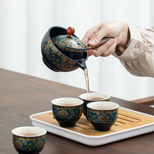 Portable Travel tea set suit sets of ceramic kung fu automatic rotating one pot four cups side handle pot tea maker