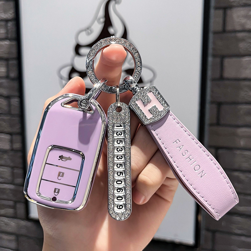 BT 키 유형 C - 스마트 3버튼 [싱글 쉘 퍼플] + 퍼플 H 가죽 로프 다이아몬드 버클 + 실버 번호판