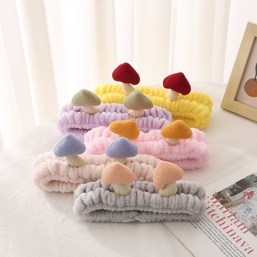 Korean-style high-end cute 3D mushroom hair tie wholesale hairband for girls, sweet beauty makeup washable hair tie